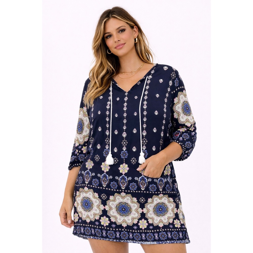 Halife Shift Dress Womens Medium Navy Blue Paisley‎ Tassel Boho Peasant Dress